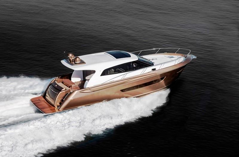 The gleaming gold Elandra 53 hull number two will exhibit at the 2015 Sanctuary Cove boat show.