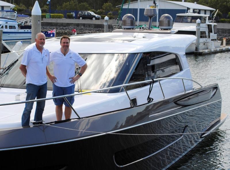 Luke Durman (right) from Elandra Yachts and Grant Senior aboard the Elandra 53 luxury motoryacht pri