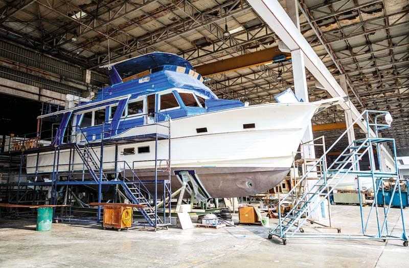 Almost ready to begin its interior fitout, this Grand Banks 54 EU is the same model as tested by Tra